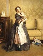 Jeune mere et ses enfants dans un salon Gustave Leonard de Jonghe